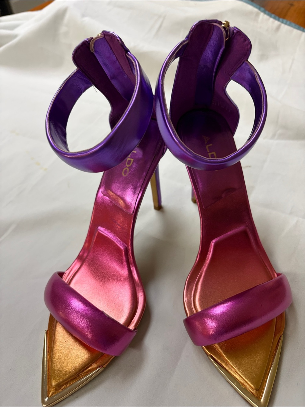 Aldo Metallic Purple and Pink Ankle-Strap Stilettos with Gold Pointed Toe Cap - Picture 3 of 10